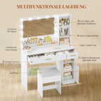 HEXCELEN Dressing Table with Stool, Large Mirror, Vanity Table with 2 Drawers, 4 Open Shelves and Cabinet, for Bedroom and Dressing Room, White,108103X