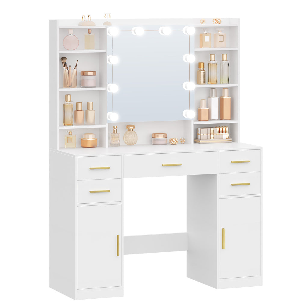 HEXCELEN dressing table with mirror, vanity, dressing table with 5 drawers, 2 drawers and 9 open compartments, hidden shelves, white,108203X