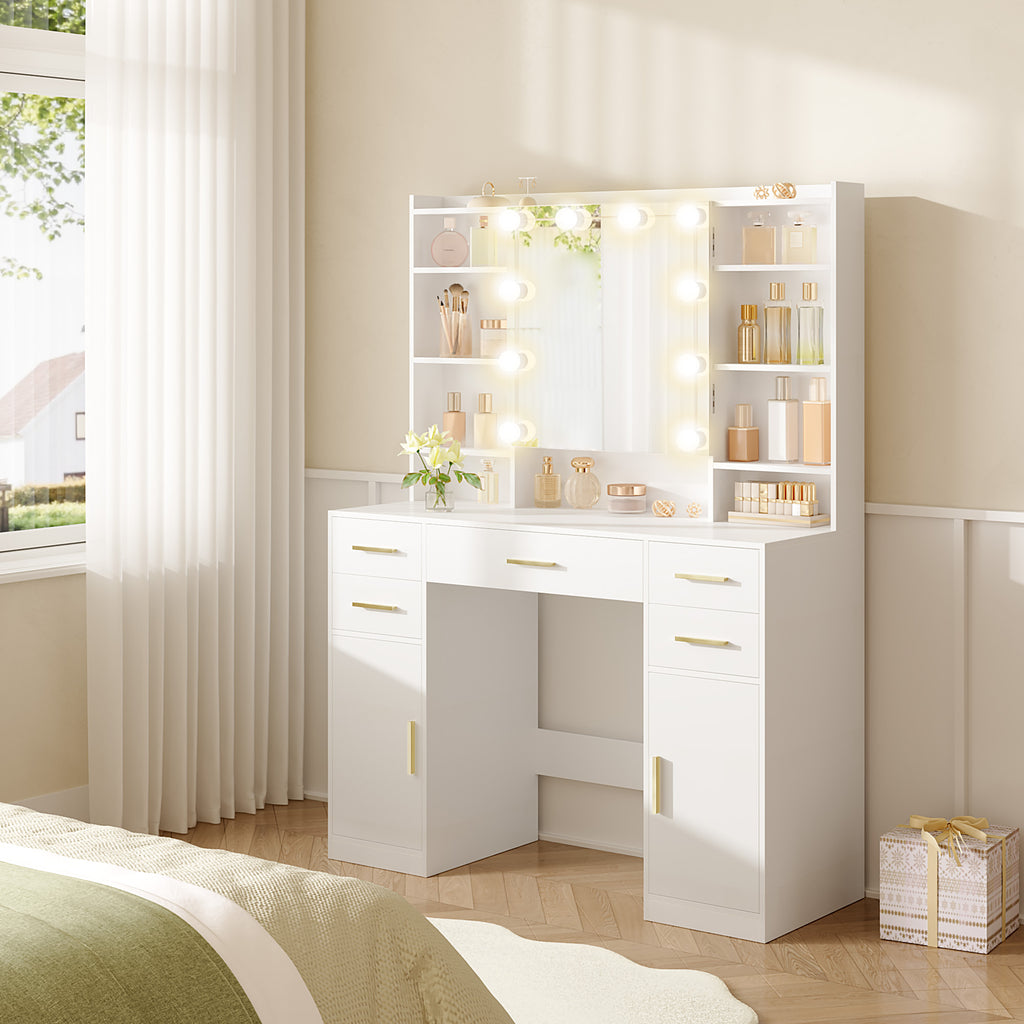 HEXCELEN dressing table with mirror, vanity, dressing table with 5 drawers, 2 drawers and 9 open compartments, hidden shelves, white,108203X