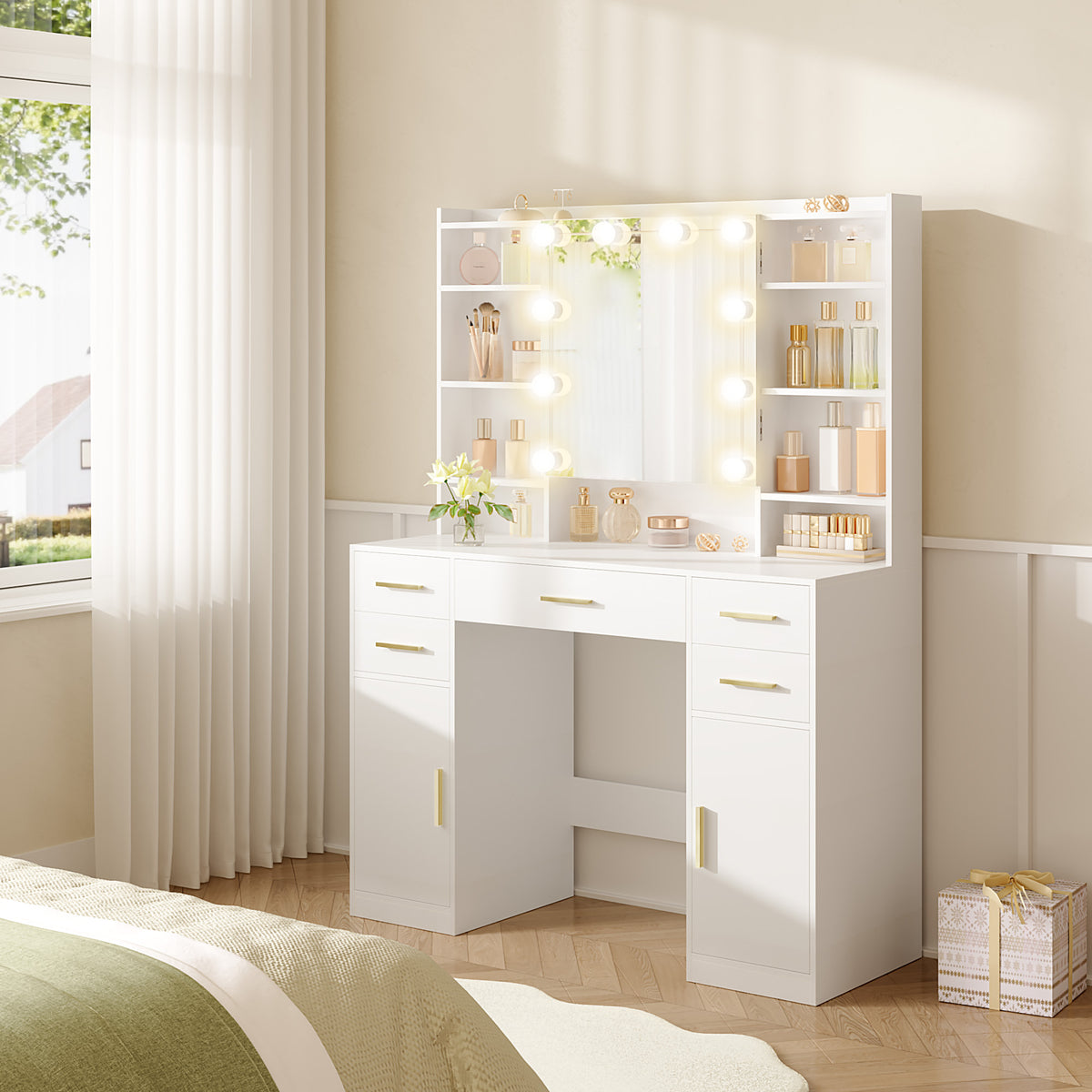 HEXCELEN dressing table with mirror, vanity, dressing table with 5 drawers, 2 drawers and 9 open compartments, hidden shelves, white,108203X