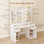HEXCELEN dressing table with mirror, vanity, dressing table with 5 drawers, 2 drawers and 9 open compartments, hidden shelves, white,108203X