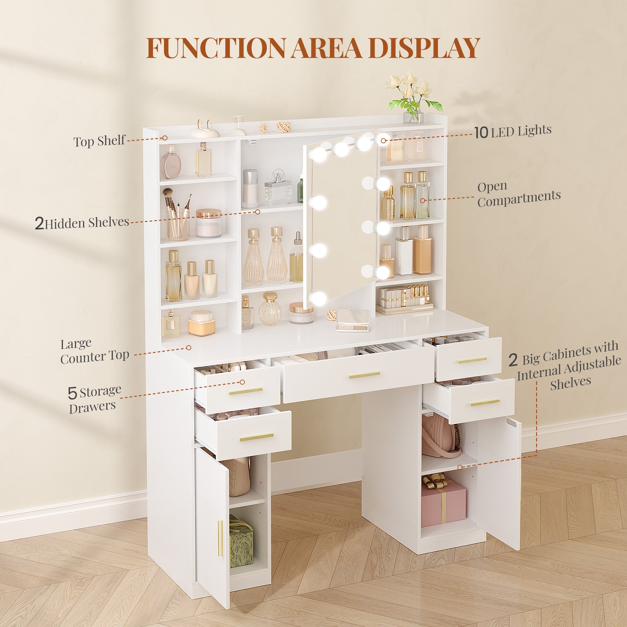 HEXCELEN dressing table with mirror, vanity, dressing table with 5 drawers, 2 drawers and 9 open compartments, hidden shelves, white,108203X