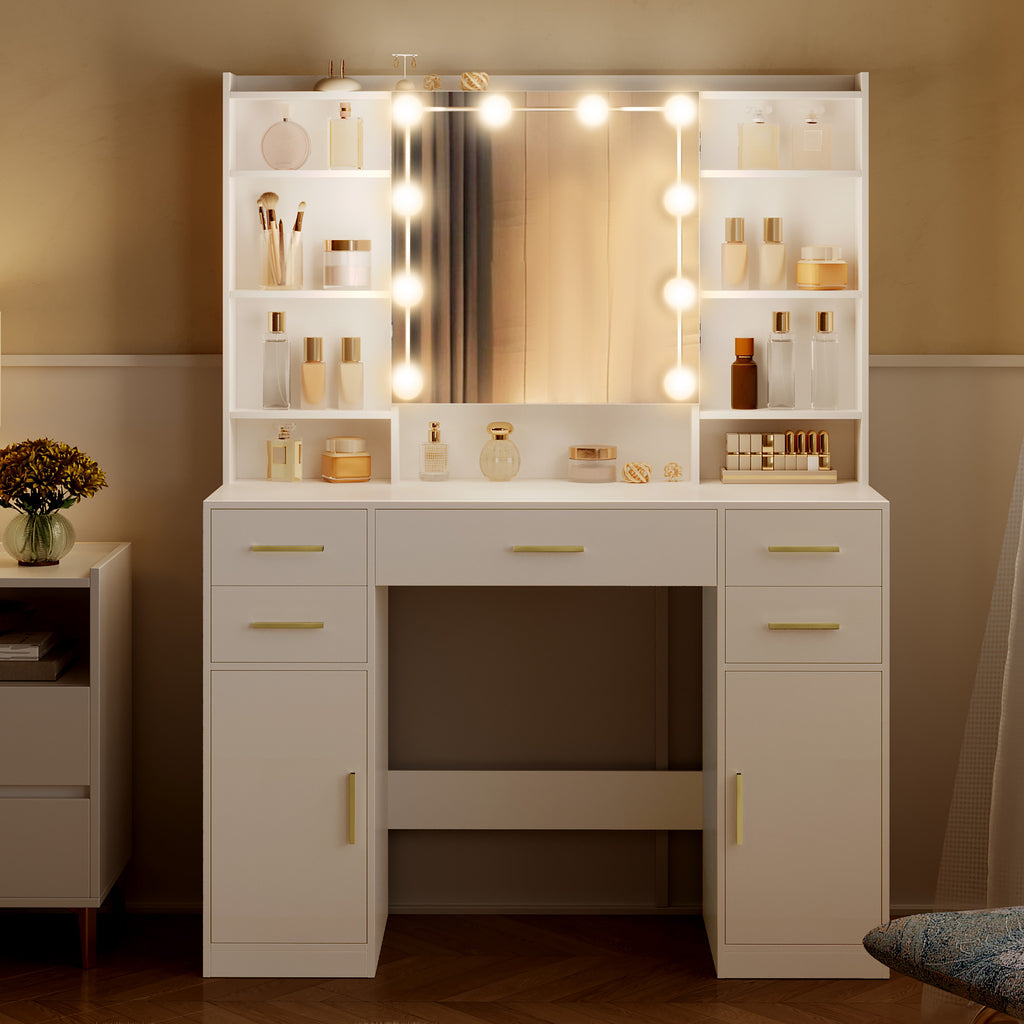 HEXCELEN dressing table with mirror, vanity, dressing table with 5 drawers, 2 drawers and 9 open compartments, hidden shelves, white,108203X