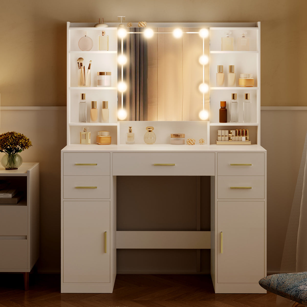 HEXCELEN dressing table with mirror, vanity, dressing table with 5 drawers, 2 drawers and 9 open compartments, hidden shelves, white,108203X