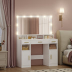 HEXCELEN Dressing Table with Large Mirror, Large Dressing Table with Drawers, Vanity Table, 3 Drawers, 2 Shelves, 5 Open Compartments, 40 × 108 × 140 cm, White,108303X