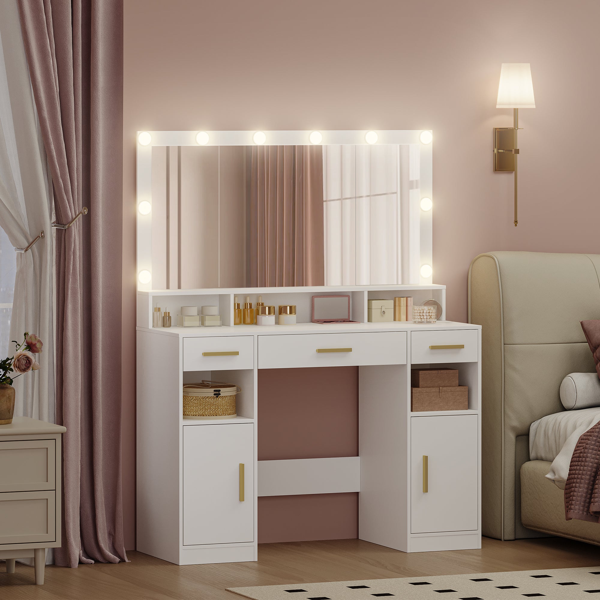 HEXCELEN Dressing Table with Large Mirror, Large Dressing Table with Drawers, Vanity Table, 3 Drawers, 2 Shelves, 5 Open Compartments, 40 × 108 × 140 cm, White,108303X