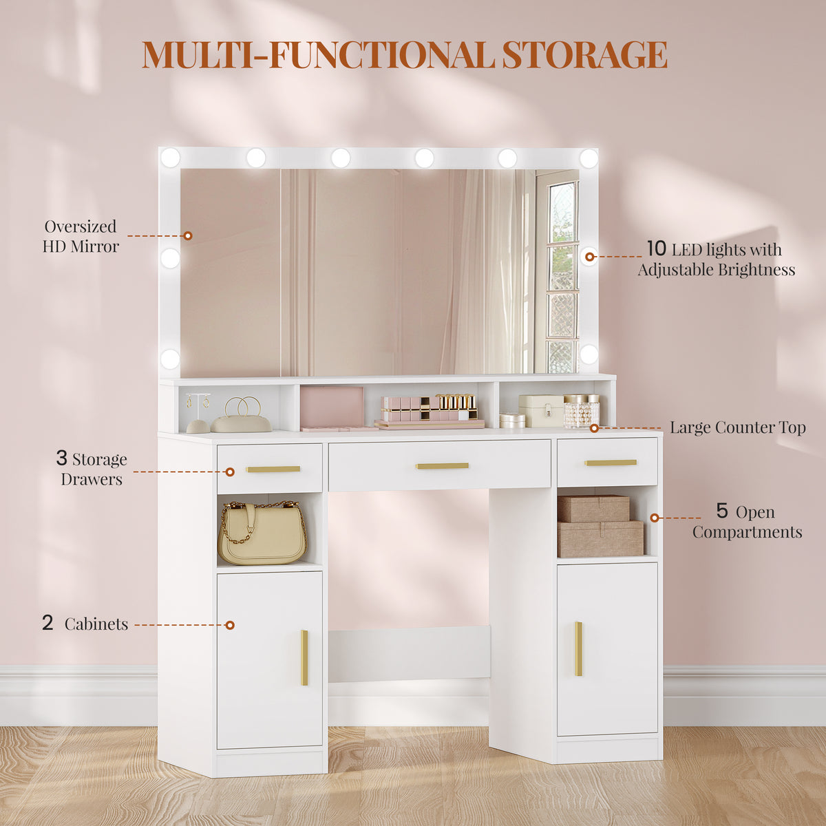 HEXCELEN Dressing Table with Large Mirror, Large Dressing Table with Drawers, Vanity Table, 3 Drawers, 2 Shelves, 5 Open Compartments, 40 × 108 × 140 cm, White,108303X