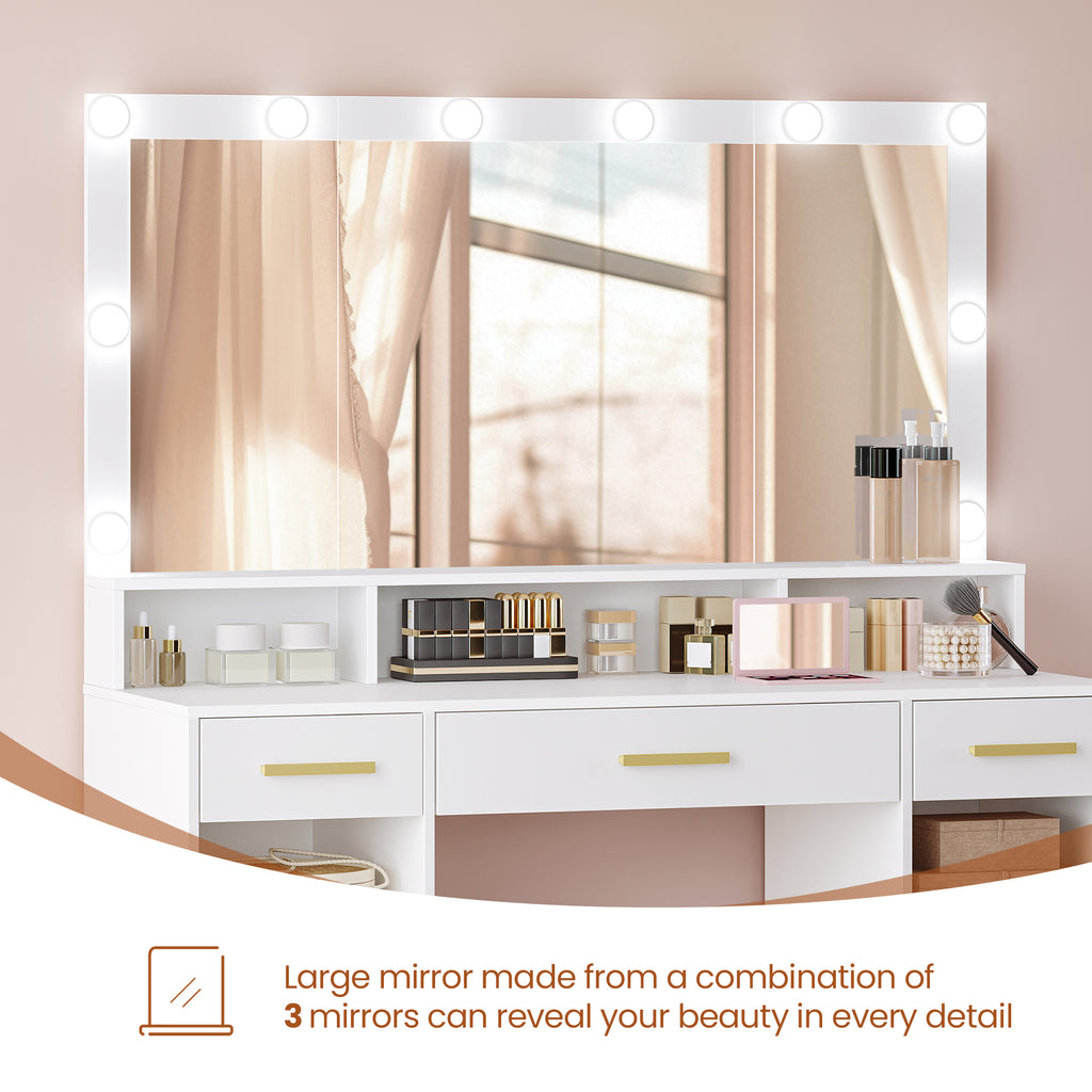 HEXCELEN Dressing Table with Large Mirror, Large Dressing Table with Drawers, Vanity Table, 3 Drawers, 2 Shelves, 5 Open Compartments, 40 × 108 × 140 cm, White,108303X