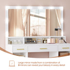 HEXCELEN Dressing Table with Large Mirror, Large Dressing Table with Drawers, Vanity Table, 3 Drawers, 2 Shelves, 5 Open Compartments, 40 × 108 × 140 cm, White,108303X