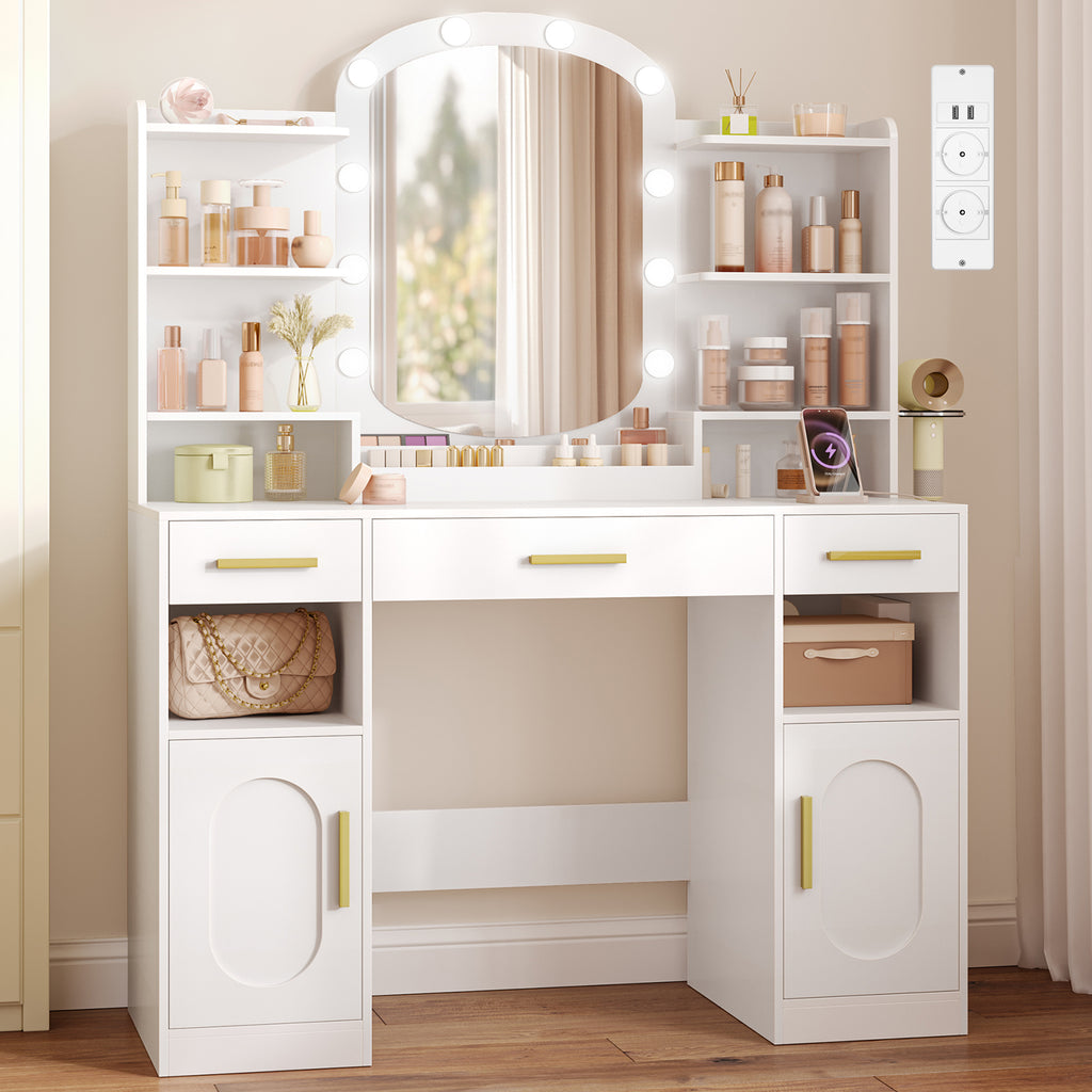 HEXCELEN dressing table with oval mirror, vanity table, hairdryer holder, dressing table with 3 drawers, 2 storage cabinets and open compartments, white,108403X