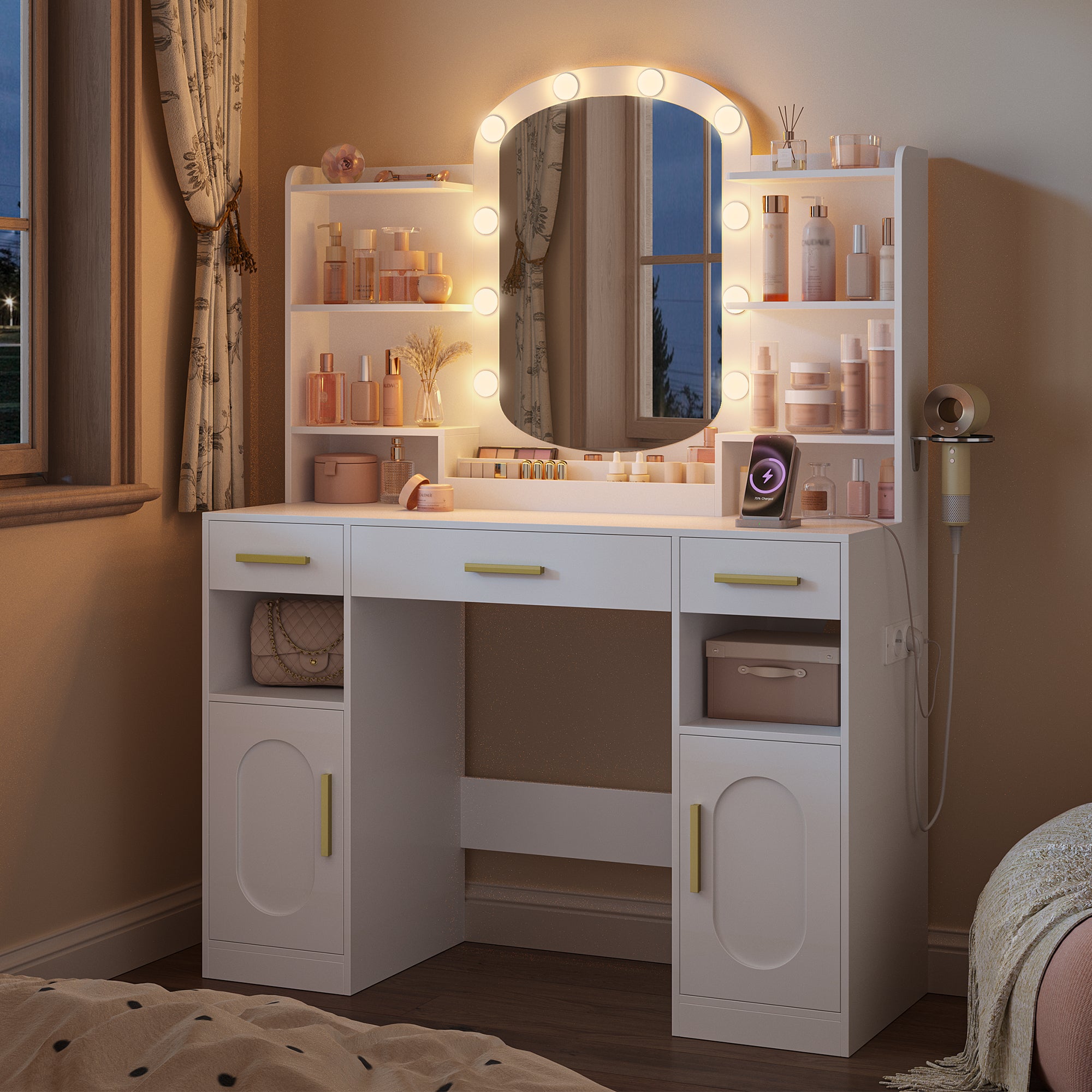HEXCELEN dressing table with oval mirror, vanity table, hairdryer holder, dressing table with 3 drawers, 2 storage cabinets and open compartments, white,108403X