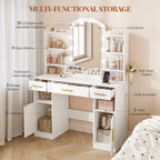 HEXCELEN dressing table with oval mirror, vanity table, hairdryer holder, dressing table with 3 drawers, 2 storage cabinets and open compartments, white,108403X
