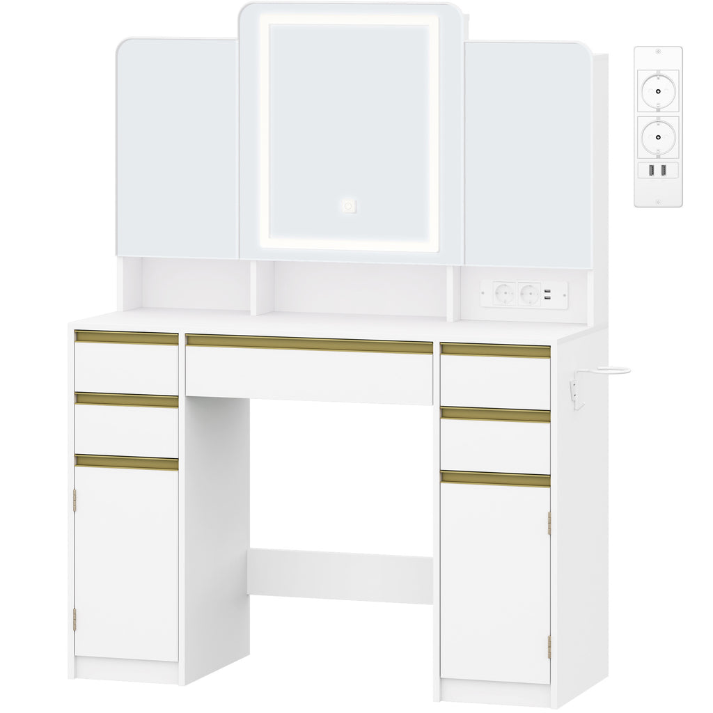 HEXCELEN Dressing Table, Vanity Table with Triple Mirror, Hairdryer Holder, Storage Behind the Mirror, Dressing Table with Drawers, Storage Cabinet, Open Shelves, White,108503X