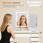 HEXCELEN Dressing Table, Vanity Table with Triple Mirror, Hairdryer Holder, Storage Behind the Mirror, Dressing Table with Drawers, Storage Cabinet, Open Shelves, White,108503X