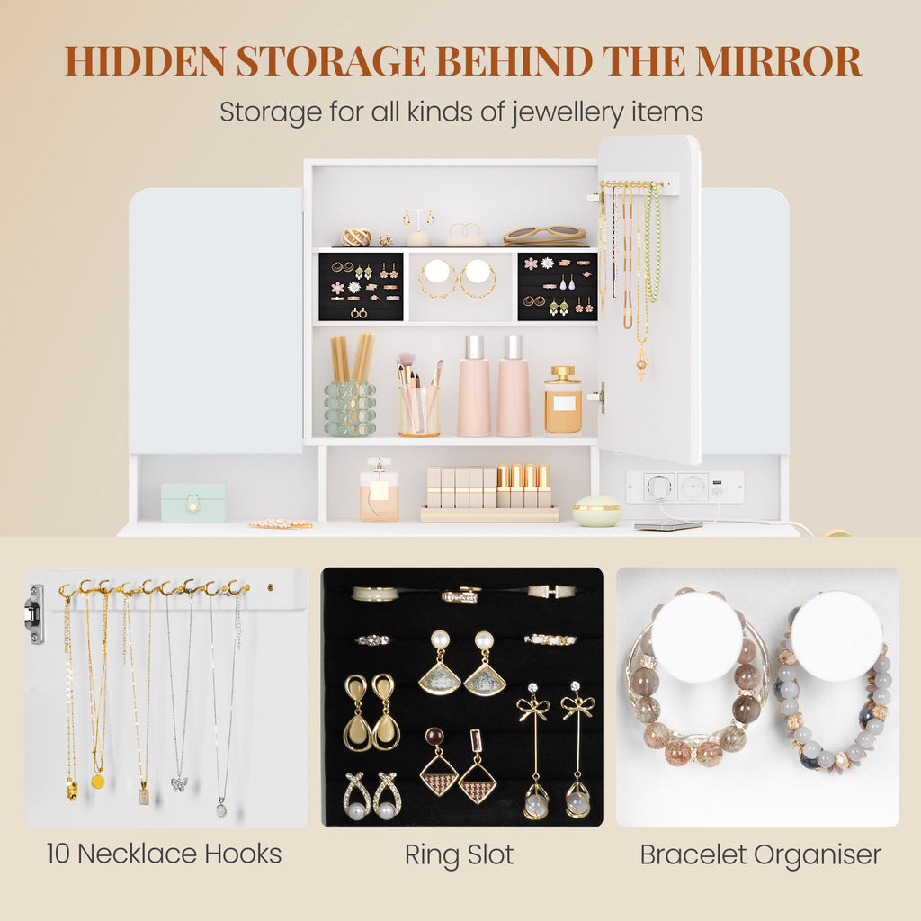 HEXCELEN Dressing Table, Vanity Table with Triple Mirror, Hairdryer Holder, Storage Behind the Mirror, Dressing Table with Drawers, Storage Cabinet, Open Shelves, White,108503X
