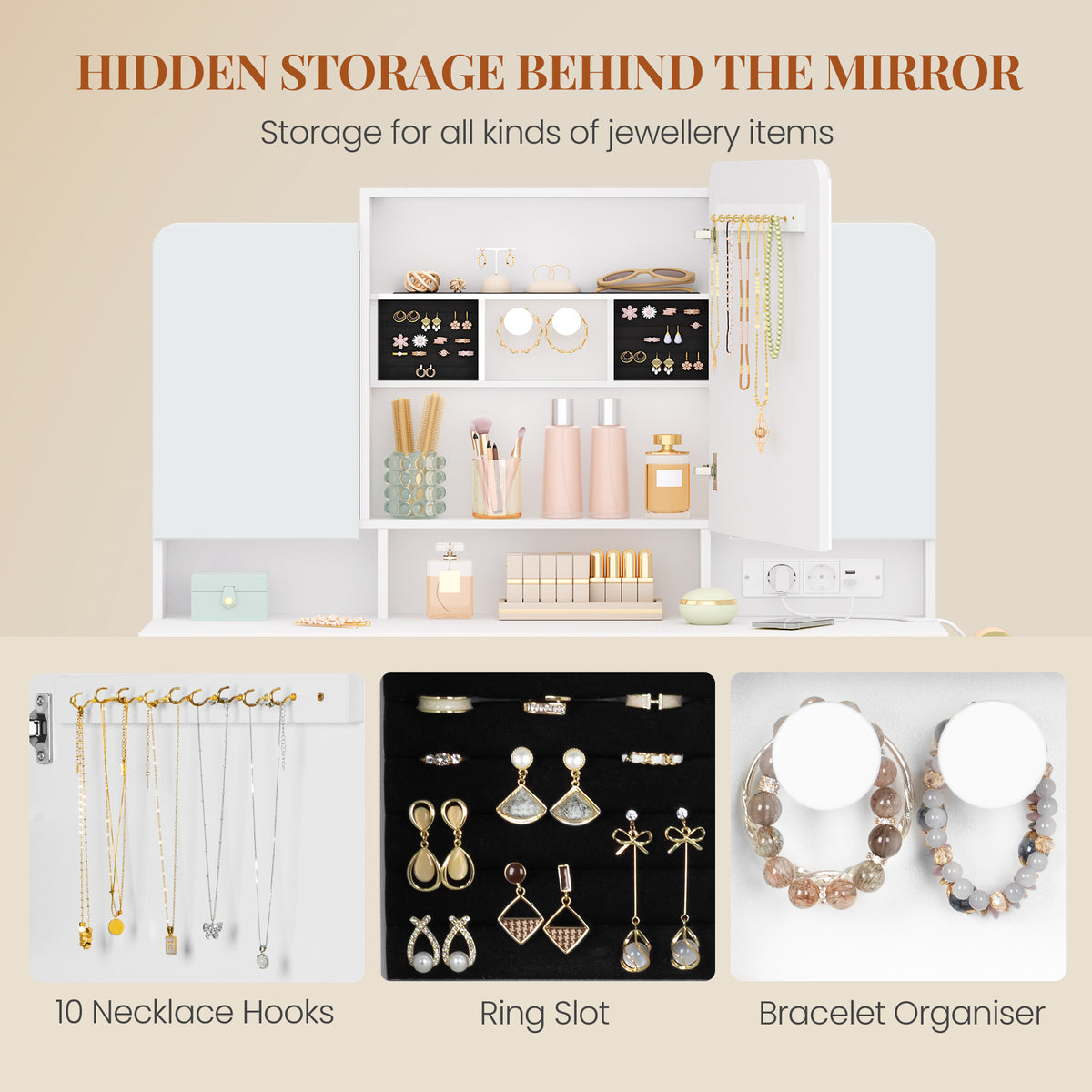 HEXCELEN Dressing Table, Vanity Table with Triple Mirror, Hairdryer Holder, Storage Behind the Mirror, Dressing Table with Drawers, Storage Cabinet, Open Shelves, White,108503X