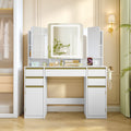 HEXCELEN Dressing Table, Vanity Table with Triple Mirror, Hairdryer Holder, Storage Behind the Mirror, Dressing Table with Drawers, Storage Cabinet, Open Shelves, White,108503X