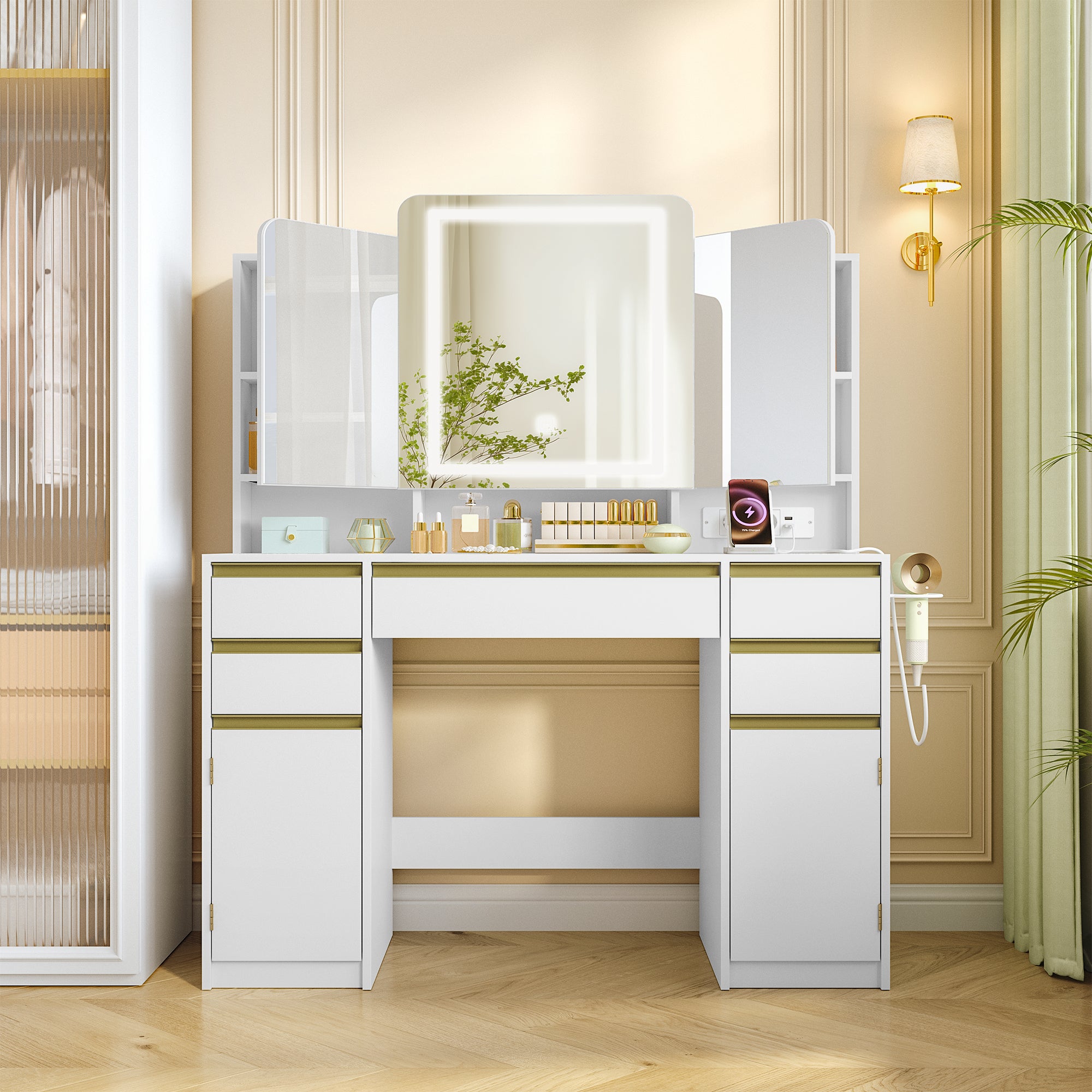 HEXCELEN Dressing Table, Vanity Table with Triple Mirror, Hairdryer Holder, Storage Behind the Mirror, Dressing Table with Drawers, Storage Cabinet, Open Shelves, White,108503X