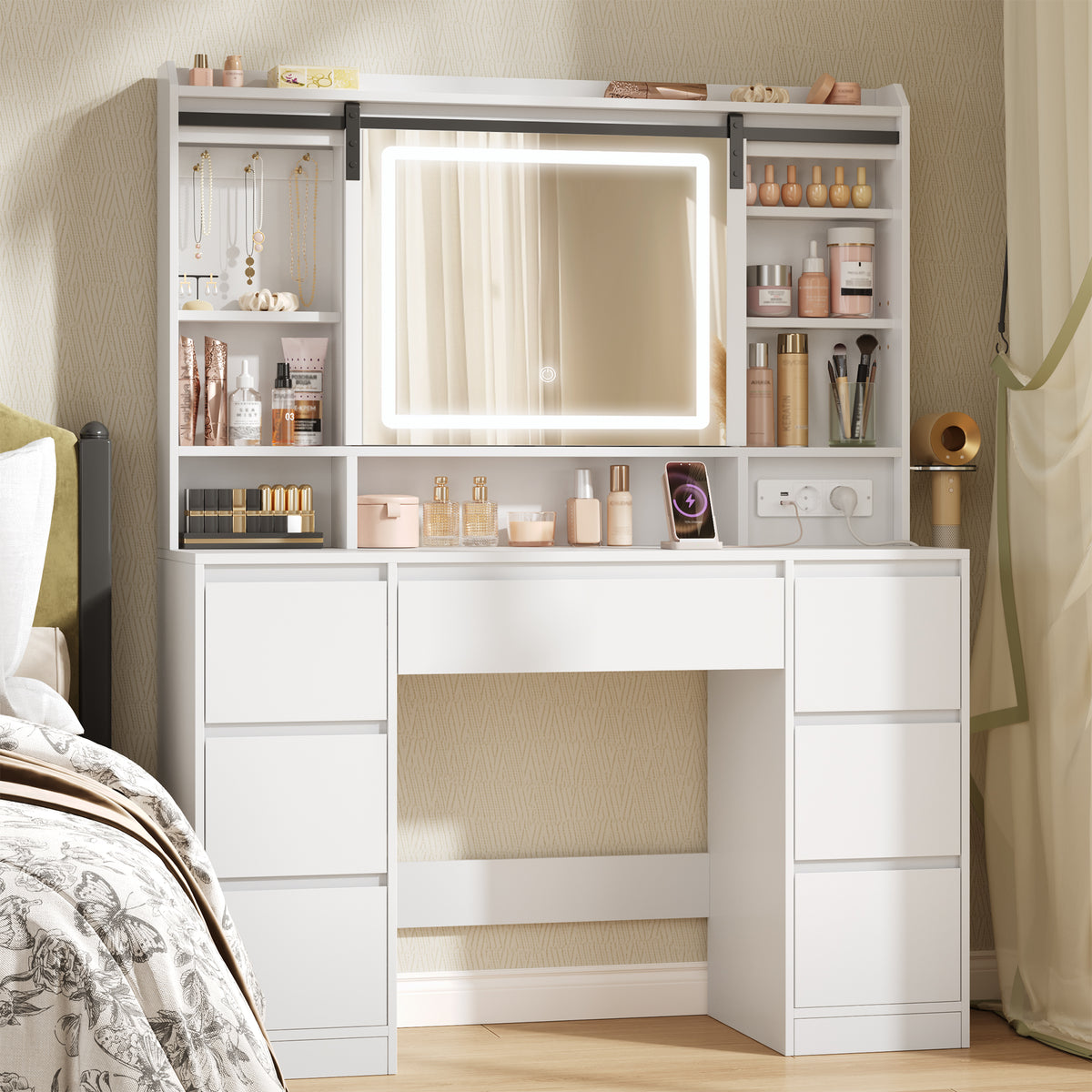 HEXCELEN Dressing Table with Removable Mirror, Vanity Table, 7 Drawers, Open Shelves, for Bedroom 40 × 108 × 148.6 cm, White,108603X