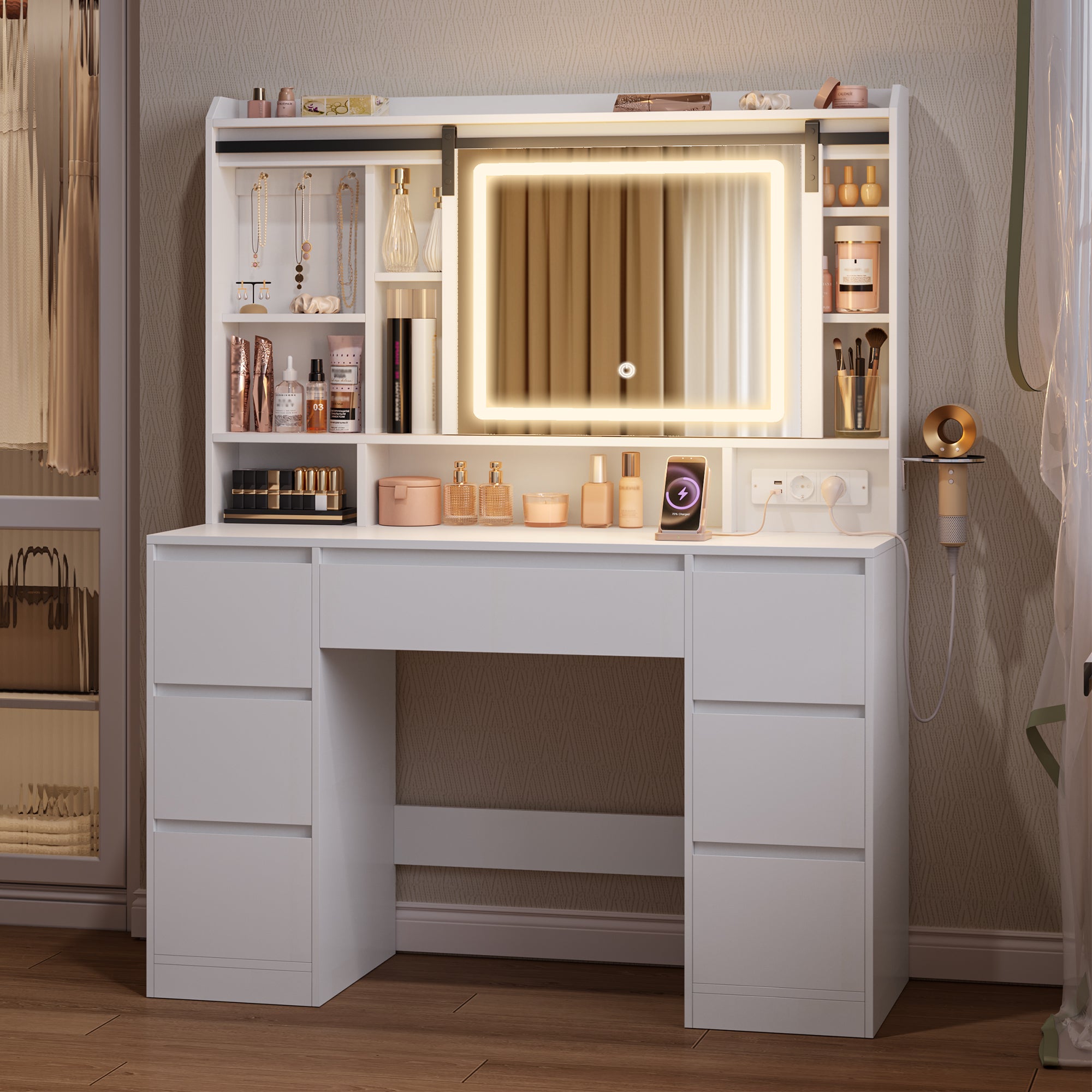 HEXCELEN Dressing Table with Removable Mirror, Vanity Table, 7 Drawers, Open Shelves, for Bedroom 40 × 108 × 148.6 cm, White,108603X