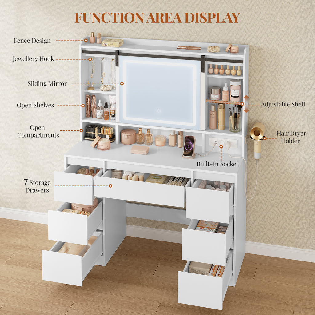 HEXCELEN Dressing Table with Removable Mirror, Vanity Table, 7 Drawers, Open Shelves, for Bedroom 40 × 108 × 148.6 cm, White,108603X