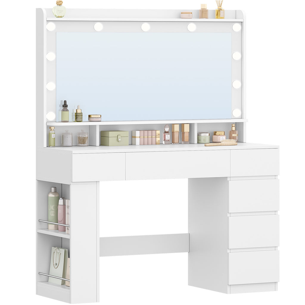 HEXCELEN 108 cm dressing table with large mirror, vanity table with 6 drawers and open side storage compartments, white,108703X