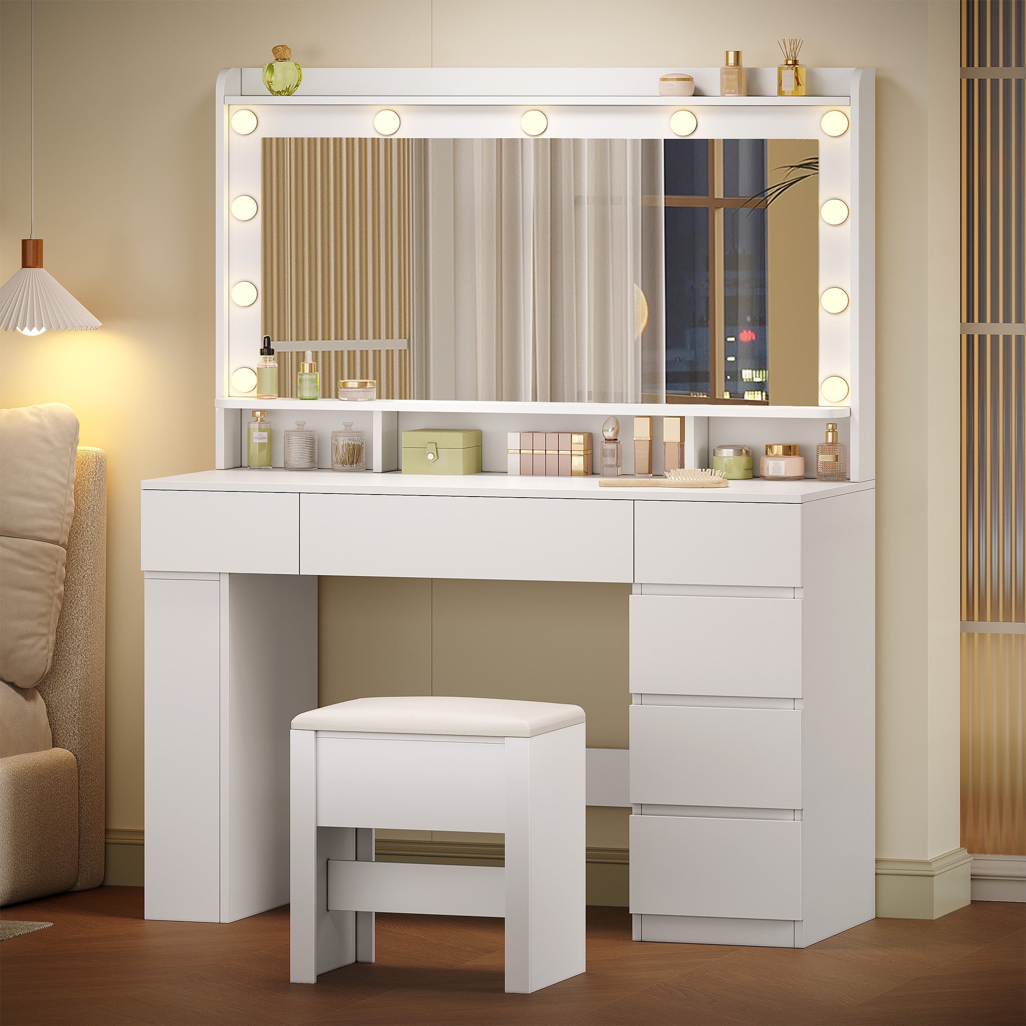 HEXCELEN 108 cm dressing table with large mirror, vanity table with 6 drawers and open side storage compartments, white,108703X