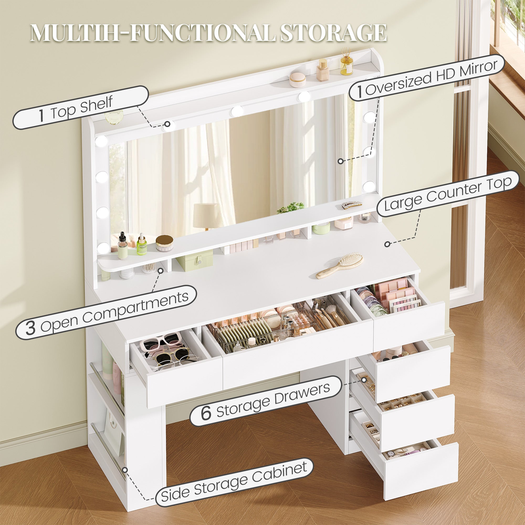 HEXCELEN 108 cm dressing table with large mirror, vanity table with 6 drawers and open side storage compartments, white,108703X