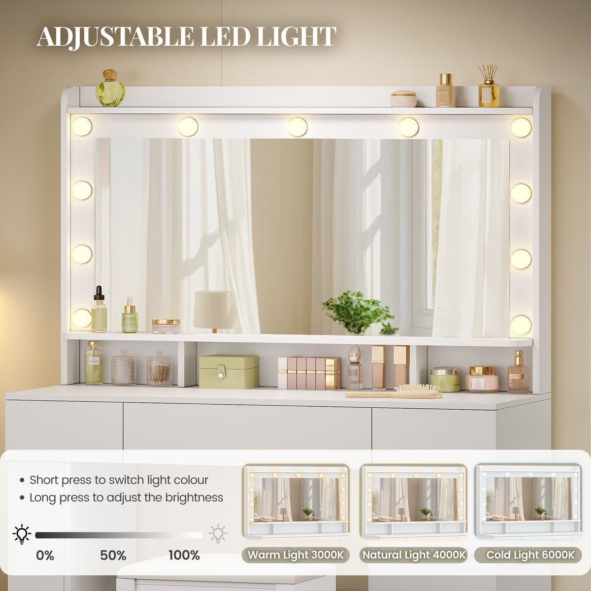 HEXCELEN 108 cm dressing table with large mirror, vanity table with 6 drawers and open side storage compartments, white,108703X