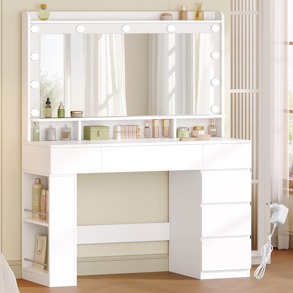 HEXCELEN 108 cm dressing table with large mirror, vanity table with 6 drawers and open side storage compartments, white,108703X