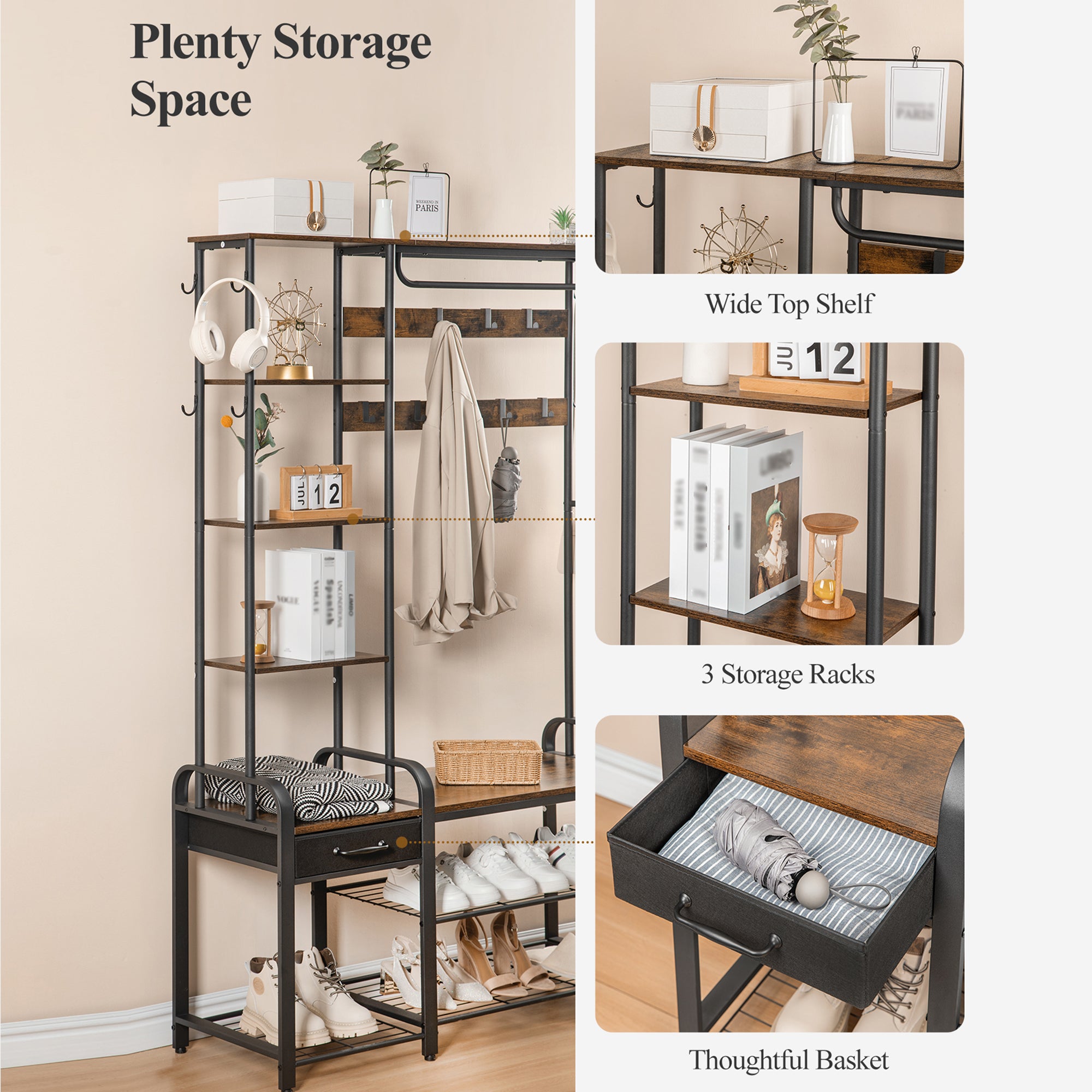 Hzuaneri Hall Tree, Coat Rack with 3-Tier Storage Bench and 1 Drawer, 5-in-1 Entryway Bench with 17 Hooks, 1 Hanging Rod, 4-Tier Side Shelves, Rustic Brown HT03501B