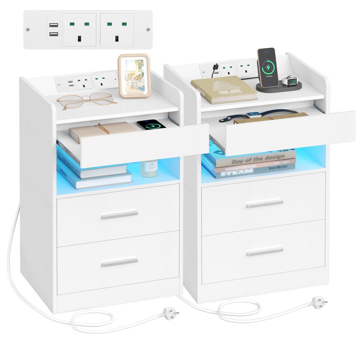 Hzuaneri Nightstand Set of 2, Side Table with Tray, Nightstand with Charging Function & LED Lighting, 2 Drawers, Modern, for Bedroom, Living Room 35 x 40 x 64 cm, White NS33603X