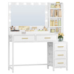 HEXCELEN dressing table, vanity table with large mirror, dressing table with 5 drawers, 5 open compartments, storage space in front of the mirror, white, 40 × 110 × 141 cm,110503W