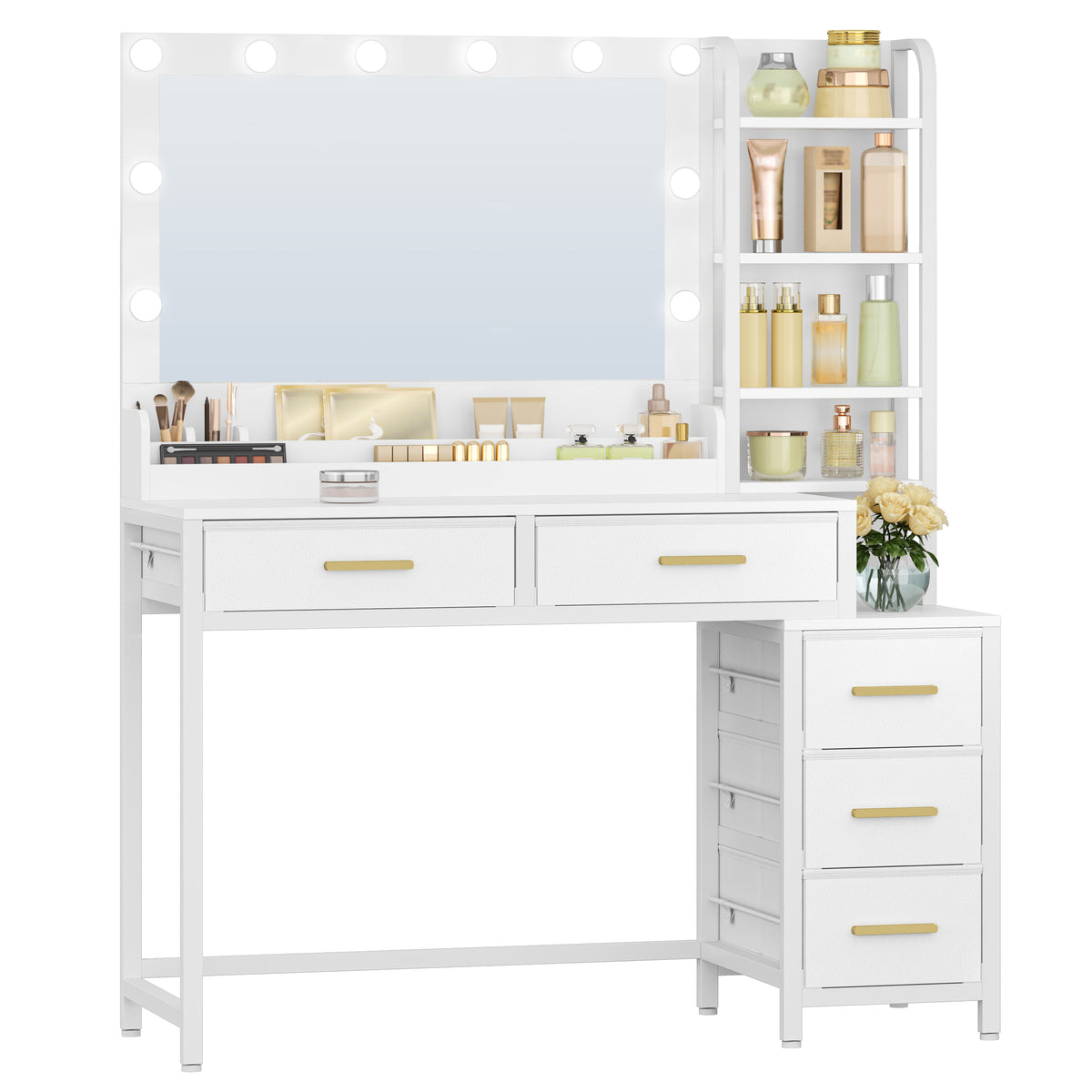 HEXCELEN dressing table, vanity table with large mirror, dressing table with 5 drawers, 5 open compartments, storage space in front of the mirror, white, 40 × 110 × 141 cm,110503W