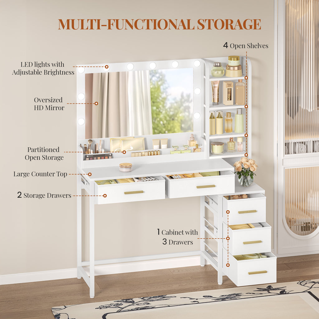HEXCELEN dressing table, vanity table with large mirror, dressing table with 5 drawers, 5 open compartments, storage space in front of the mirror, white, 40 × 110 × 141 cm,110503W