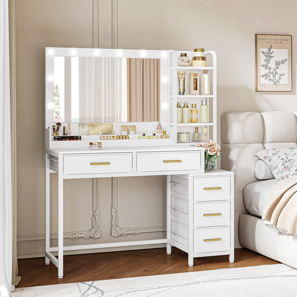 HEXCELEN dressing table, vanity table with large mirror, dressing table with 5 drawers, 5 open compartments, storage space in front of the mirror, white, 40 × 110 × 141 cm,110503W
