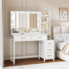 HEXCELEN dressing table, vanity table with large mirror, dressing table with 5 drawers, 5 open compartments, storage space in front of the mirror, white, 40 × 110 × 141 cm,110503W