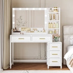 HEXCELEN dressing table, vanity table with large mirror, dressing table with 5 drawers, 5 open compartments, storage space in front of the mirror, white, 40 × 110 × 141 cm,110503W