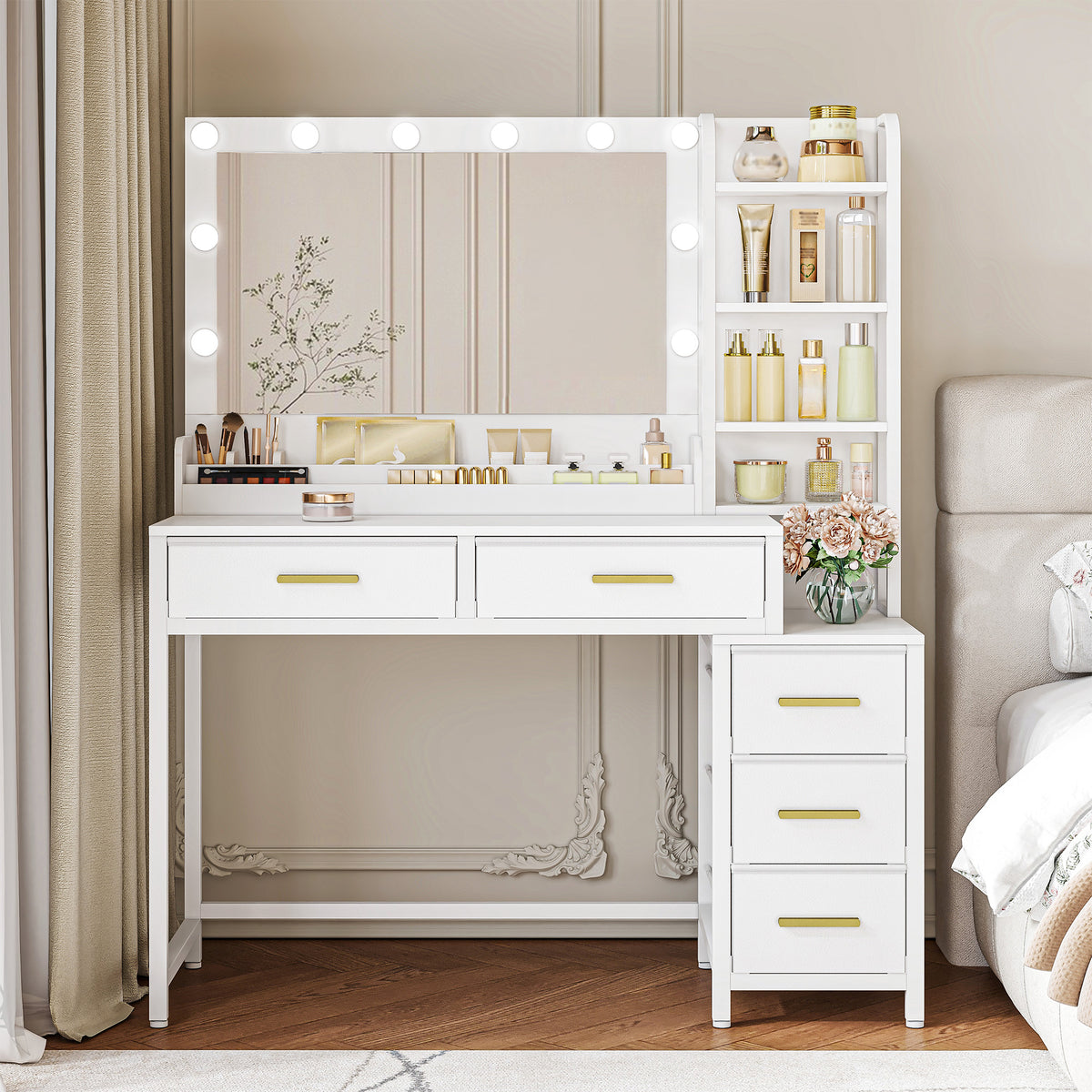 HEXCELEN dressing table, vanity table with large mirror, dressing table with 5 drawers, 5 open compartments, storage space in front of the mirror, white, 40 × 110 × 141 cm,110503W