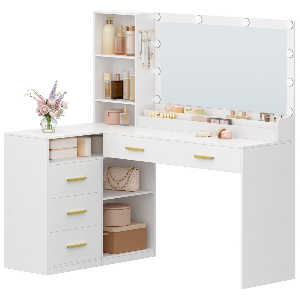 HEXCELEN Dressing Table with Large Mirror, Corner Vanity Table with 5 Drawers, Multiple Open Storage Compartments, 40 x 120 x 139 cm, White,1120103X