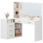 HEXCELEN Dressing Table with Large Mirror, Corner Vanity Table with 5 Drawers, Multiple Open Storage Compartments, 40 x 120 x 139 cm, White,1120103X