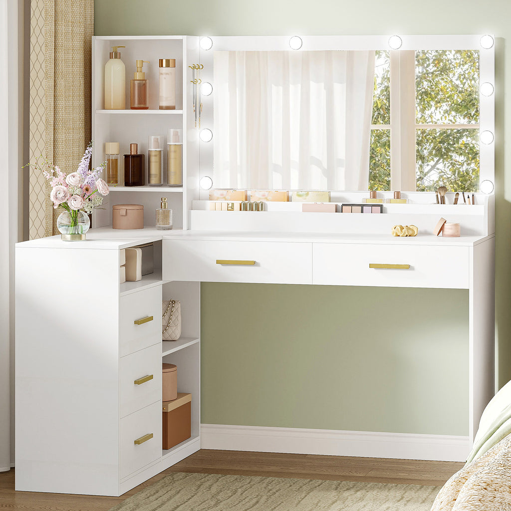 HEXCELEN Dressing Table with Large Mirror, Corner Vanity Table with 5 Drawers, Multiple Open Storage Compartments, 40 x 120 x 139 cm, White,1120103X