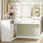 HEXCELEN Dressing Table with Large Mirror, Corner Vanity Table with 5 Drawers, Multiple Open Storage Compartments, 40 x 120 x 139 cm, White,1120103X