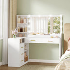 HEXCELEN Dressing Table with Large Mirror, Corner Vanity Table with 5 Drawers, Multiple Open Storage Compartments, 40 x 120 x 139 cm, White,120103X