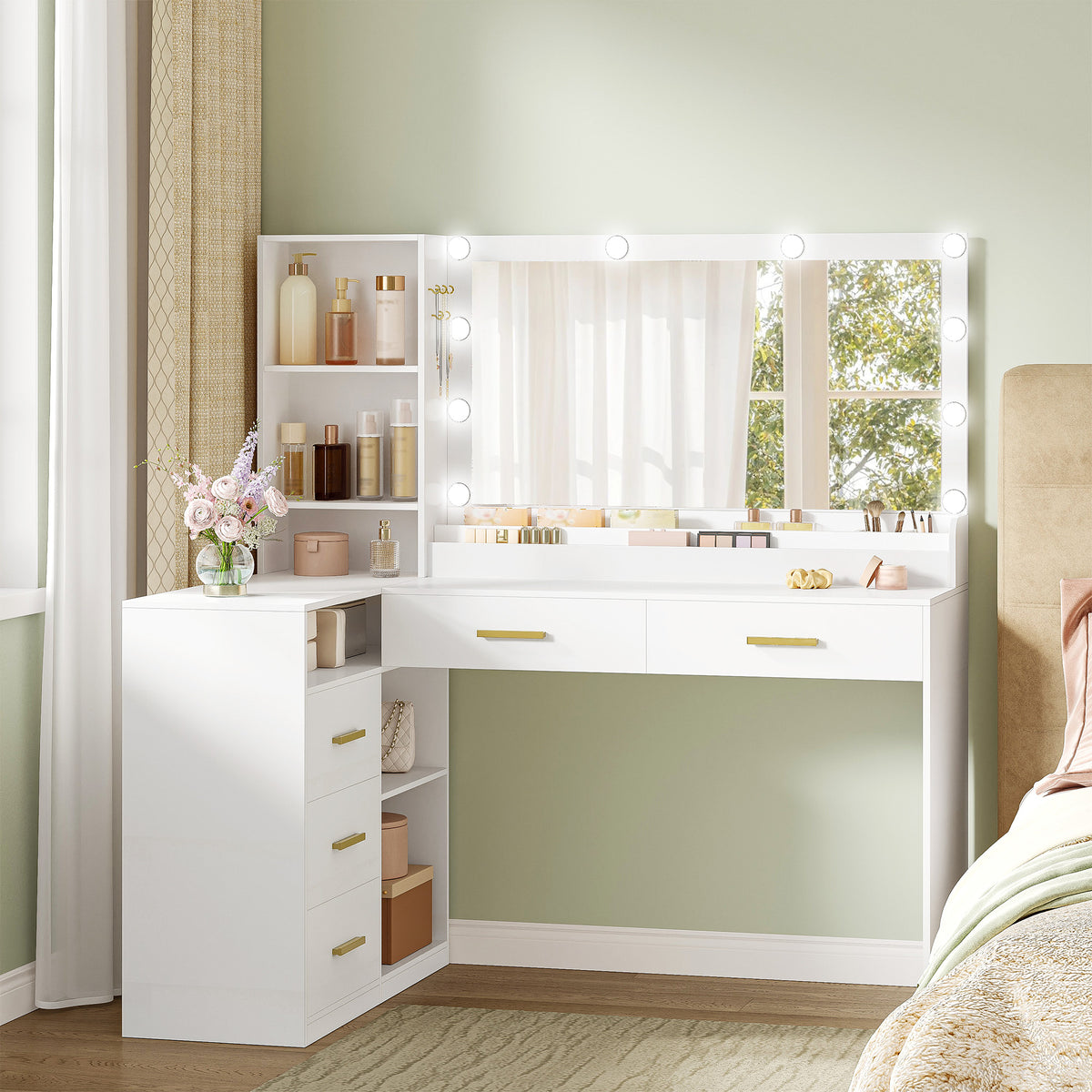 HEXCELEN Dressing Table with Large Mirror, Corner Vanity Table with 5 Drawers, Multiple Open Storage Compartments, 40 x 120 x 139 cm, White,120103X