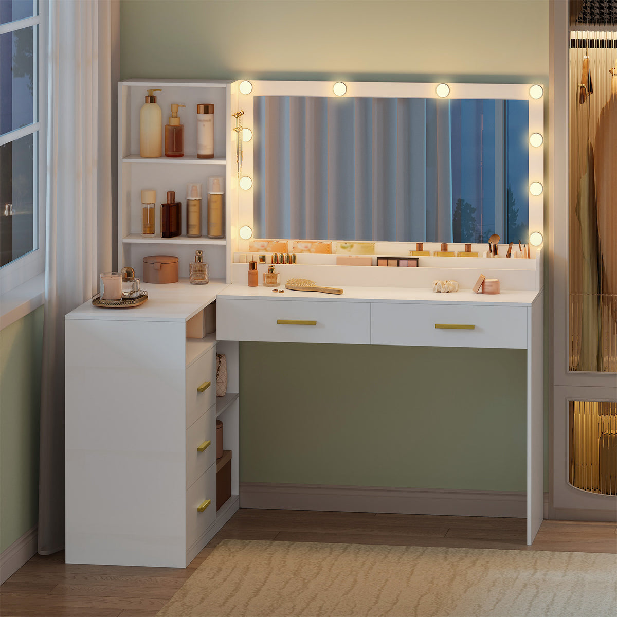 HEXCELEN Dressing Table with Large Mirror, Corner Vanity Table with 5 Drawers, Multiple Open Storage Compartments, 40 x 120 x 139 cm, White,1120103X