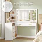 HEXCELEN Dressing Table with Large Mirror, Corner Vanity Table with 5 Drawers, Multiple Open Storage Compartments, 40 x 120 x 139 cm, White,120103X