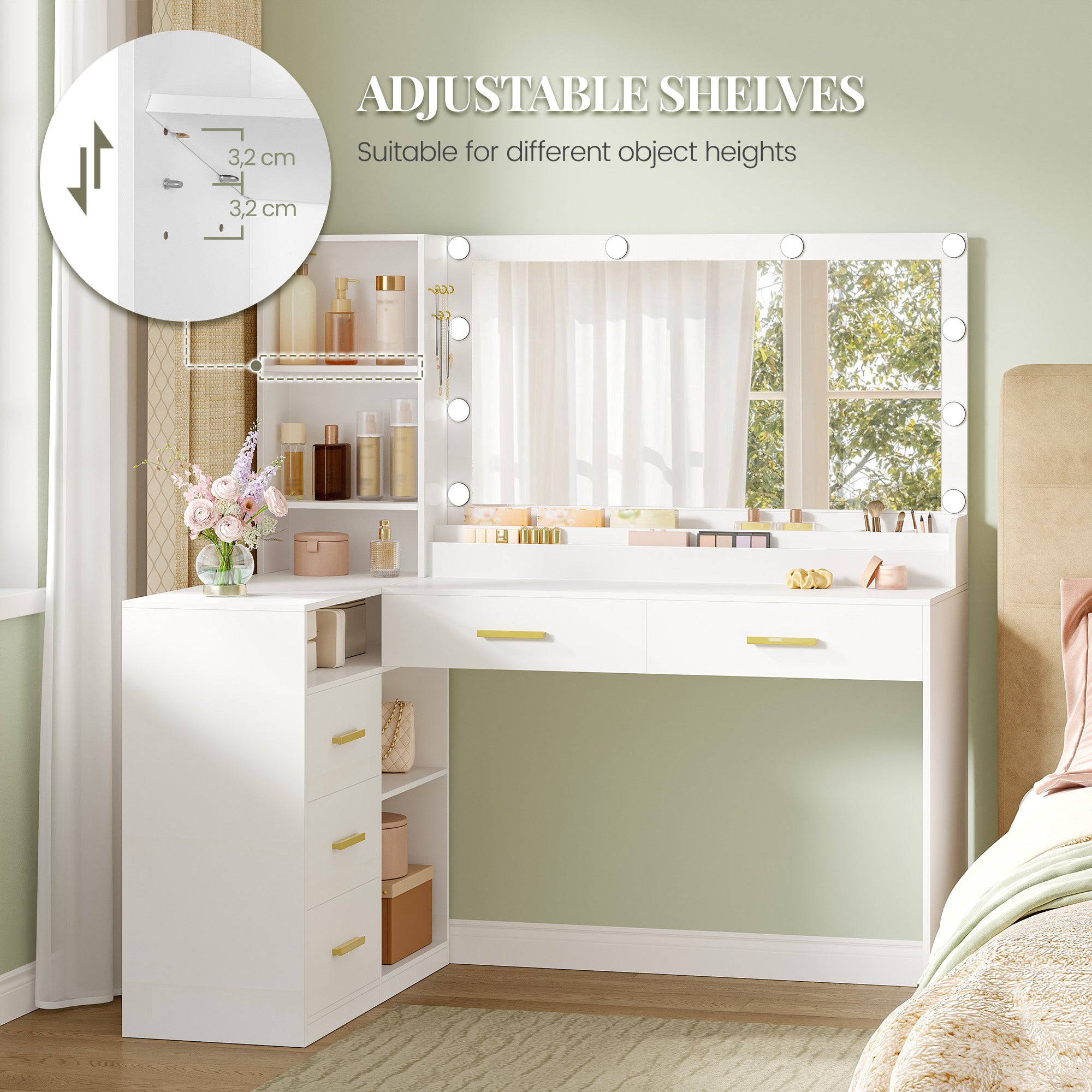 HEXCELEN Dressing Table with Large Mirror, Corner Vanity Table with 5 Drawers, Multiple Open Storage Compartments, 40 x 120 x 139 cm, White,120103X