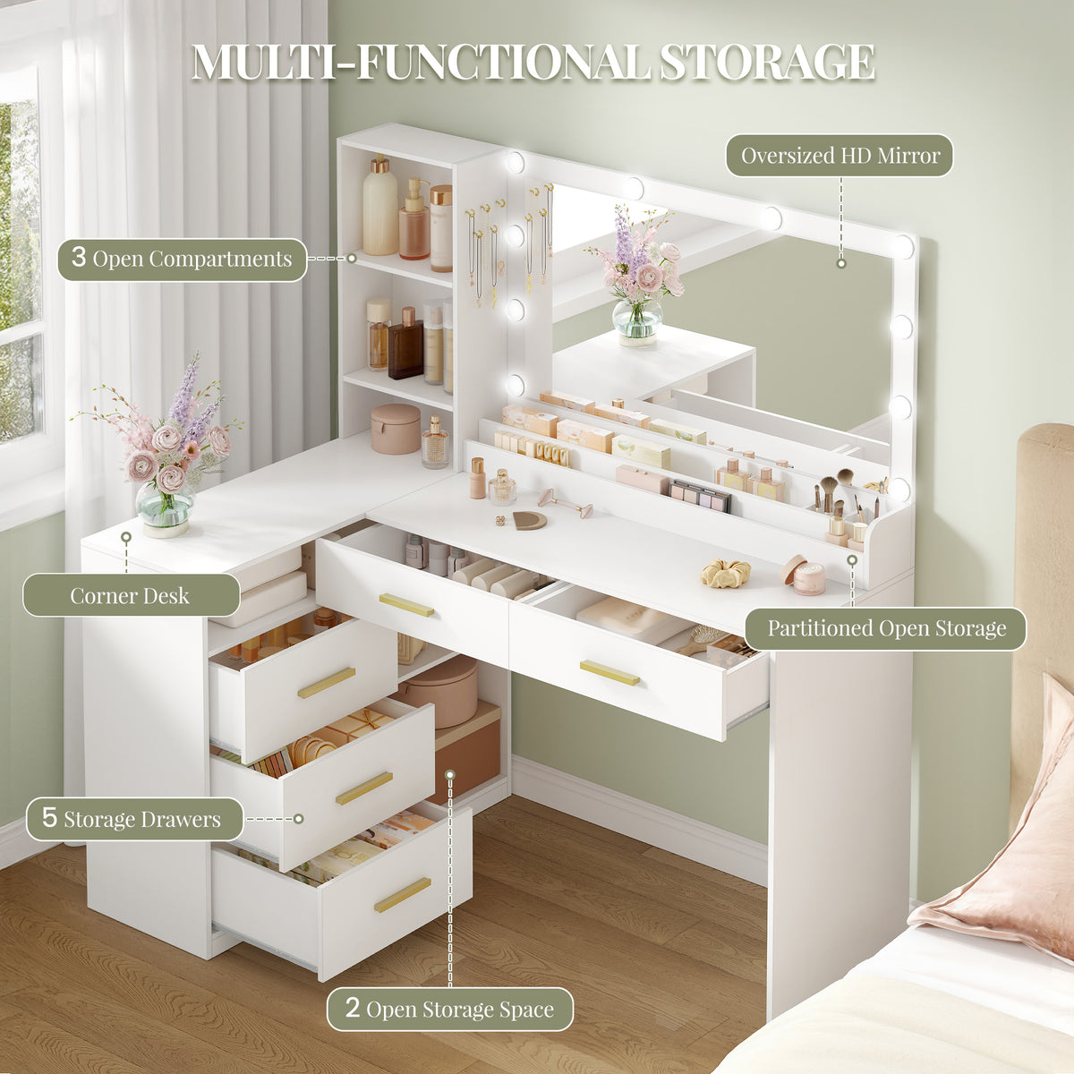 HEXCELEN Dressing Table with Large Mirror, Corner Vanity Table with 5 Drawers, Multiple Open Storage Compartments, 40 x 120 x 139 cm, White,1120103X