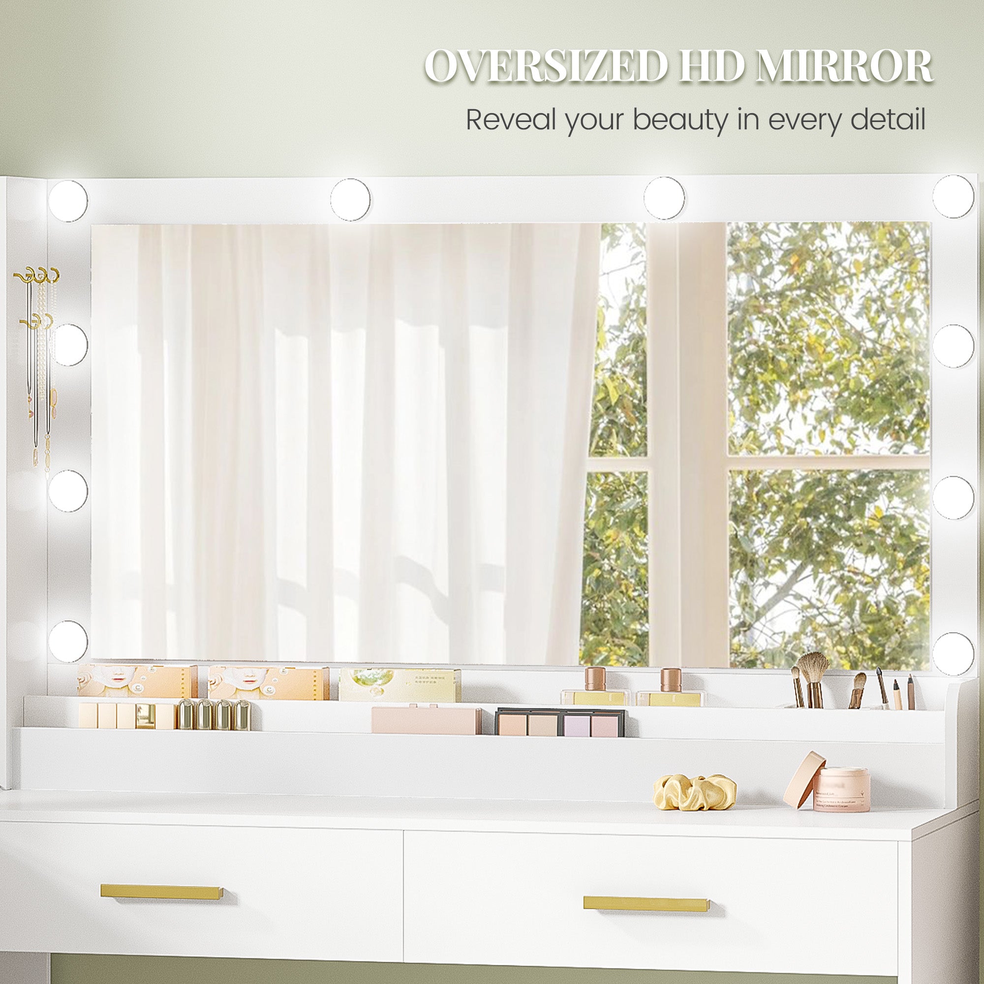 HEXCELEN Dressing Table with Large Mirror, Corner Vanity Table with 5 Drawers, Multiple Open Storage Compartments, 40 x 120 x 139 cm, White,120103X